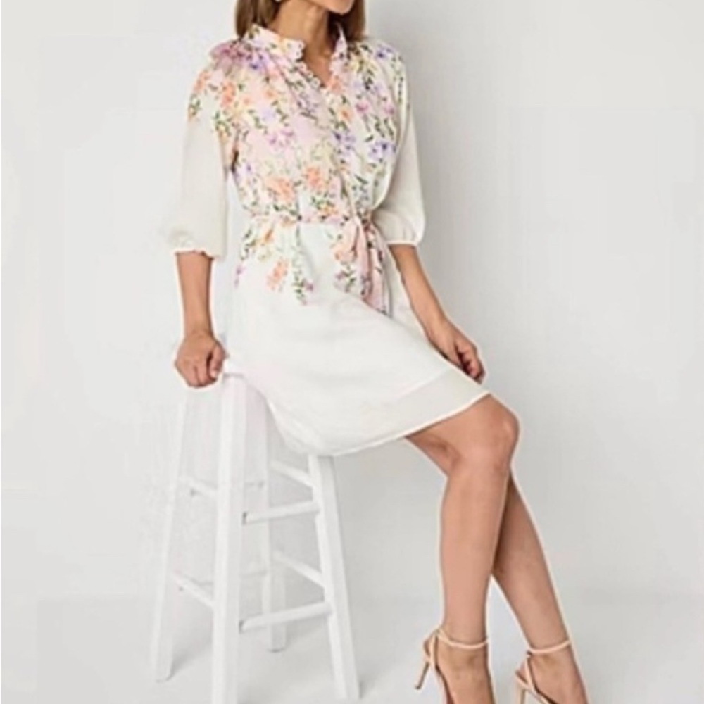 NWT 52seven Floral White Dress Mock Neck white 3/4‎ sleeves
